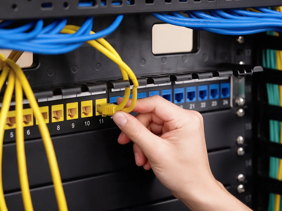 Beschriftetes Patchfeld im Netzwerkverteiler, Patchkabel wird aufgelegt – Netzwerkverkabelung in Dortmund