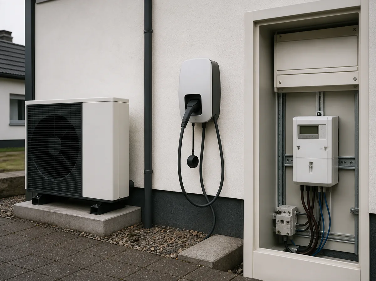 Wärmepumpen-Außeneinheit, Wallbox und Zählerschrank an einem Wohnhaus – angeschlossen von Niebecker Elektrotechnik in Dortmund