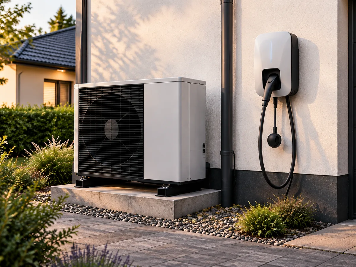 Wärmepumpe und Wallbox an der Hauswand eines Einfamilienhauses in Dortmund